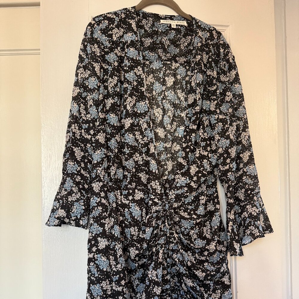Veronica Beard Ruched Floral Mini Dress – Black / Blue / White Print, Size 16